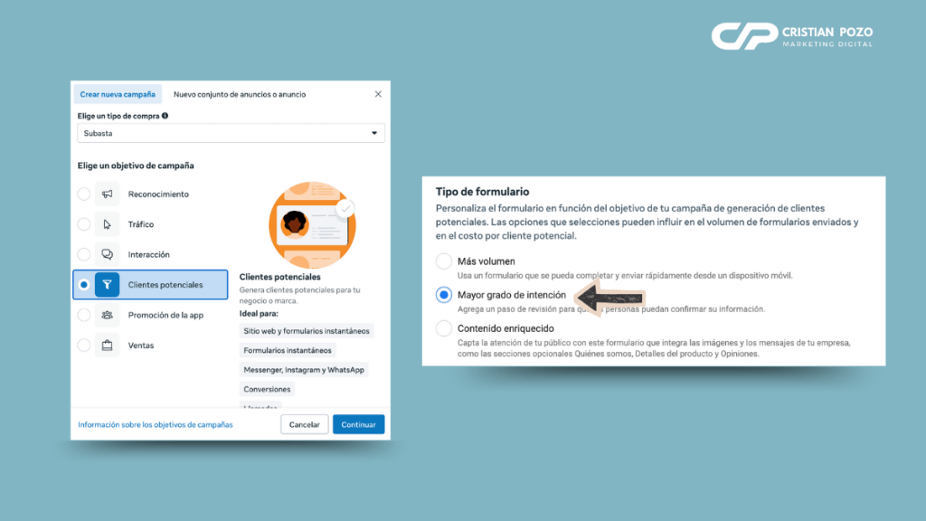 campaña con objetivo de clientes potenciales en instagram y facebook
