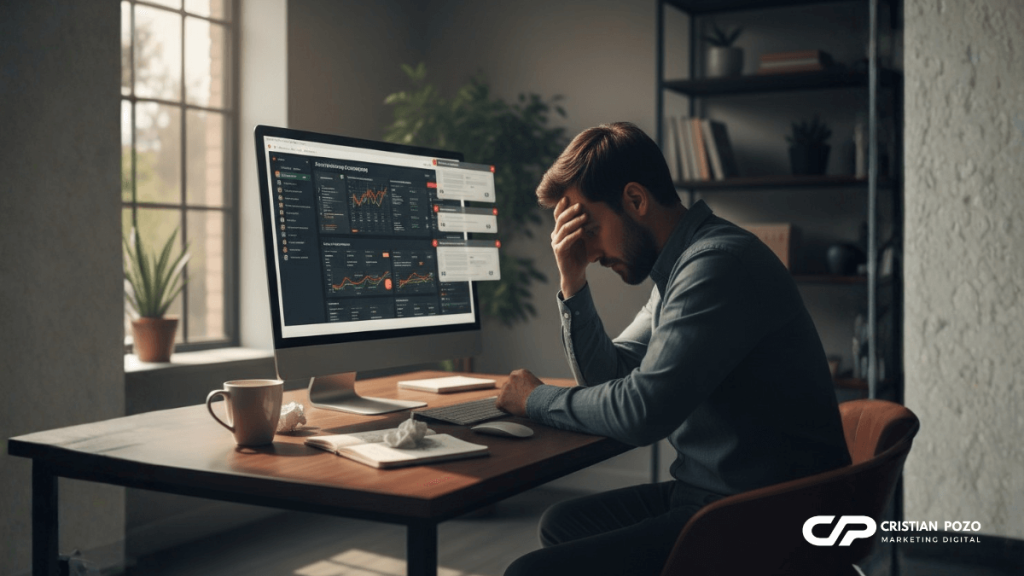 Empresario frustrado analizando anuncios sin resultados